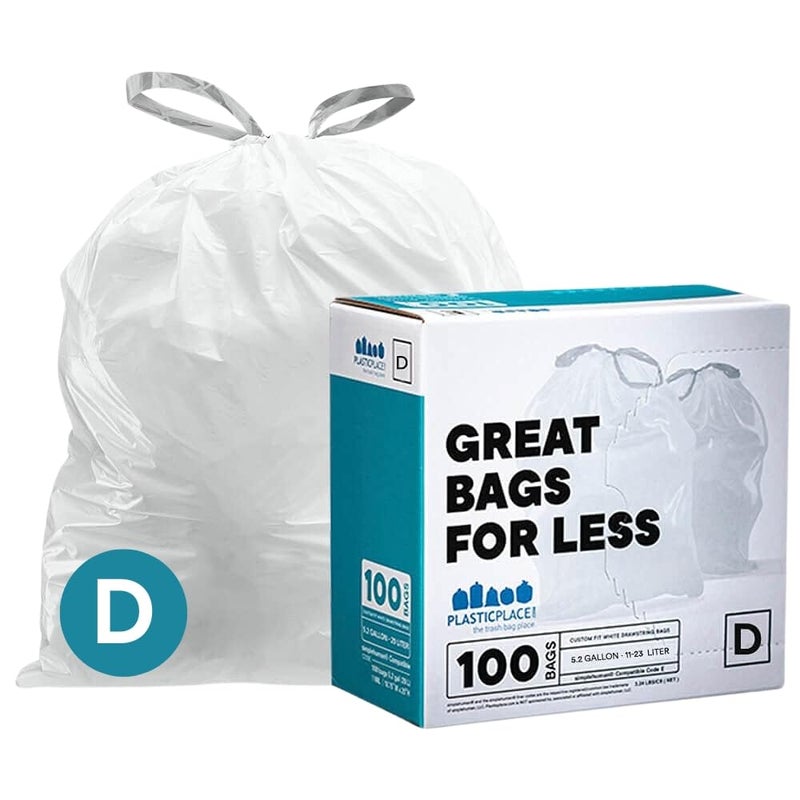 Plasticplace Custom Fit Trash Bags, Compatible with simplehuman Code D White Drawstring Garbage Liners 5.3 Gallon / 20 Liter, 15.75"" x 28"", 100 Count ( Pack of 1) - Image 1